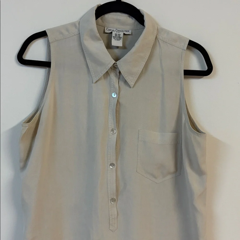 Vintage Casual Connection beige Sleeveless Beige Shirt Dress size L 100% silk - Picture 5 of 5